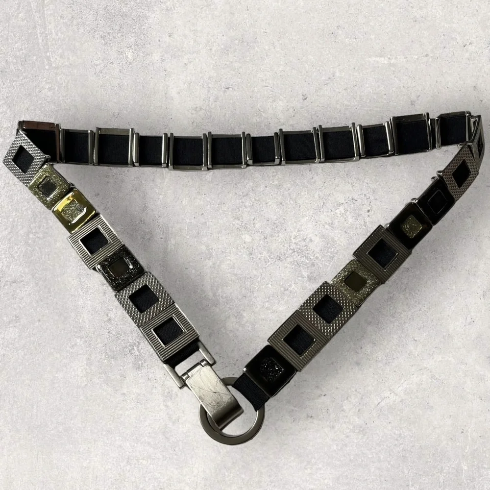Y2K Metal Geometric Links Belt Carabiner O ring Buckle Stretchy Glitter Silver M